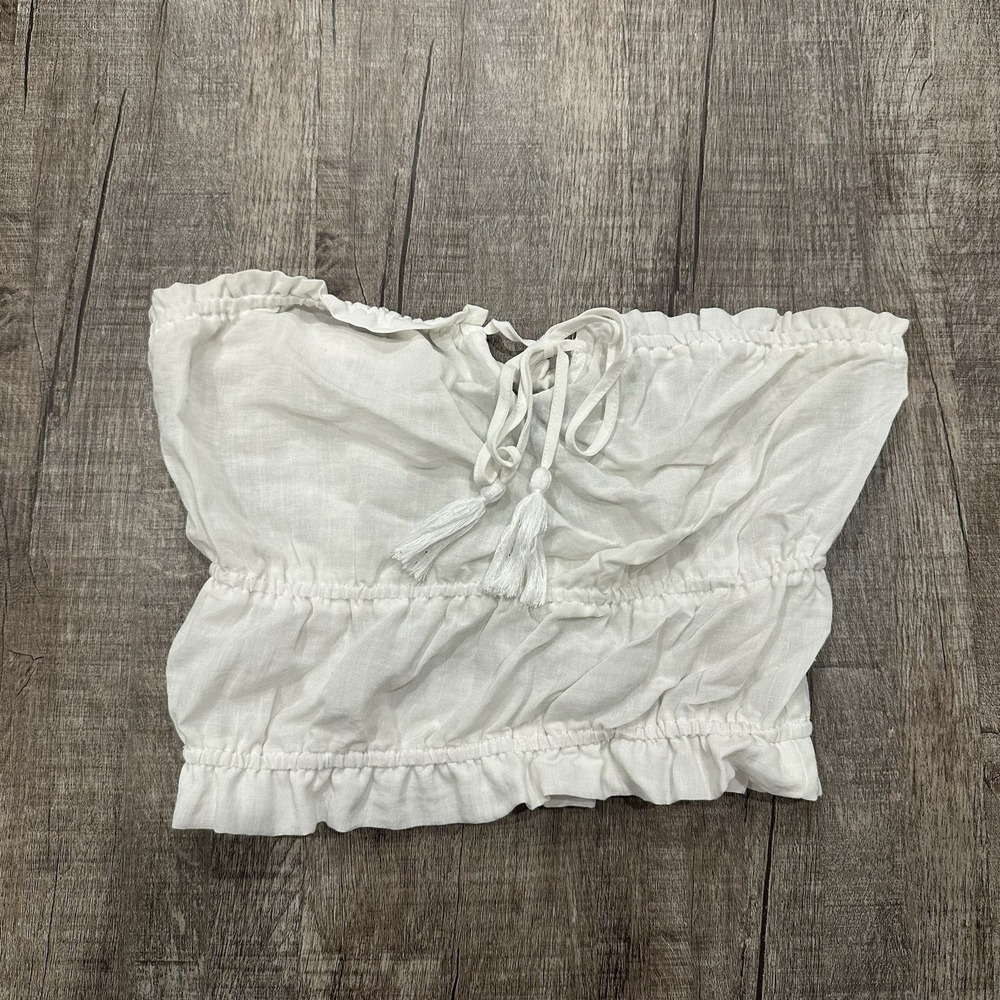 Blue Blush Strapless Crop Top Tassel Tie‎ Front White Women's M Boho Beach